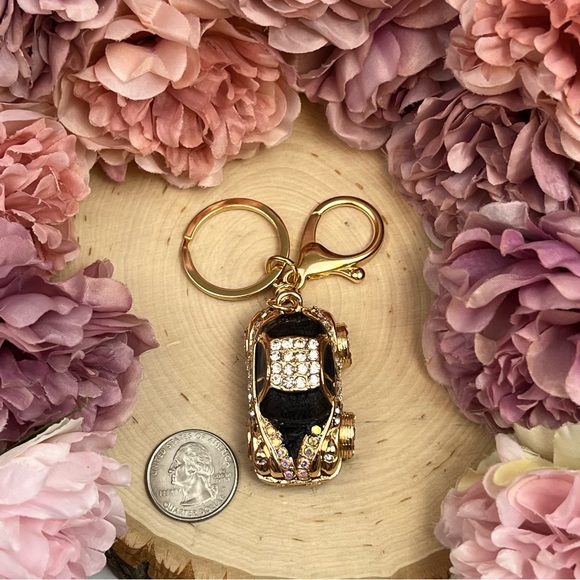 Retro Black and Gold Crystal Coupe Car Keychain Charm - Picture 15 of 16